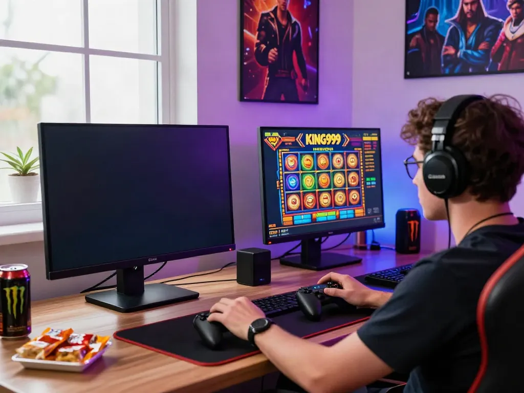 Player enjoying KING999 online slot game in a colorful gaming setup, energetic atmosphere with snacks and LED lights.