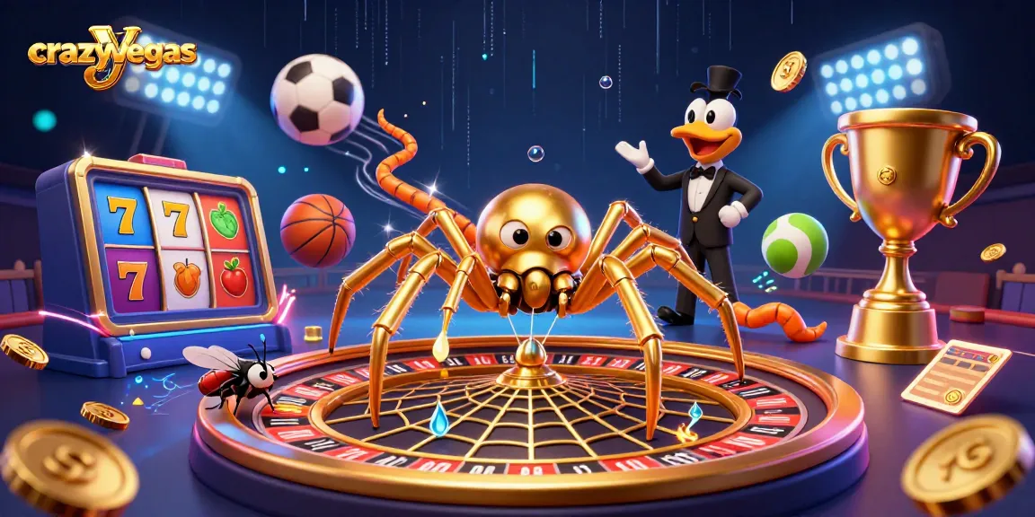 Crazily spinning roulette web with golden spider and centipede croupier at crazyvegas casino.