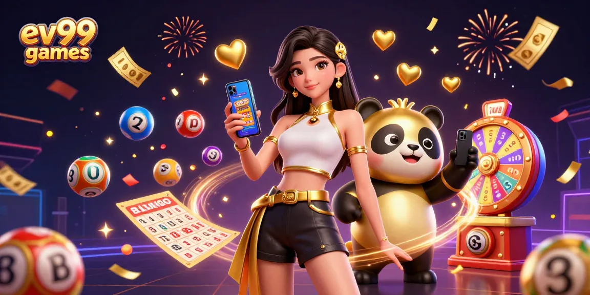 Play exciting ev99 games with an elegant woman and a golden panda mascot in a vibrant casino scene.