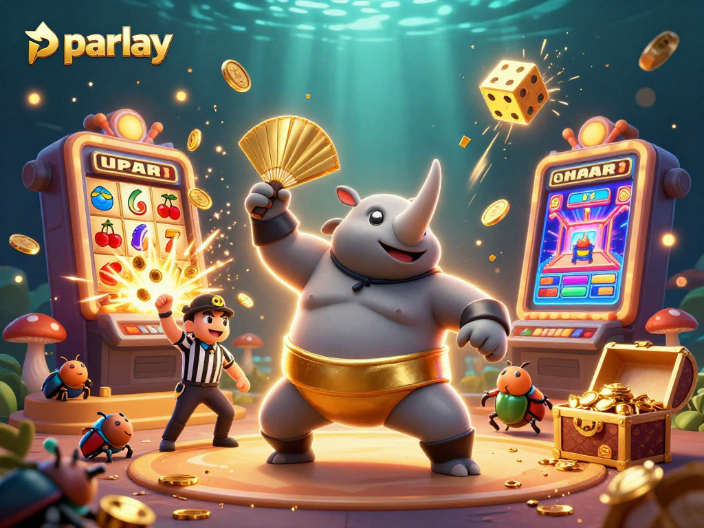 Experience thrilling parlay betting with a cartoon beetle champion and dynamic casino elements.