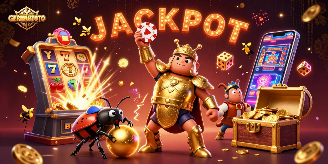 GERHANATOTO menampilkan jackpot besar dalam ilustrasi kasino menarik dengan karakter unik dan simbol permainan.