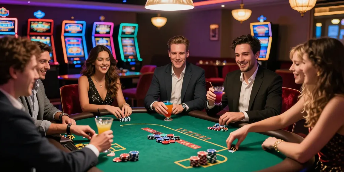 Exciting group at credit card casinos celebrating wins with colorful chips and cocktails.