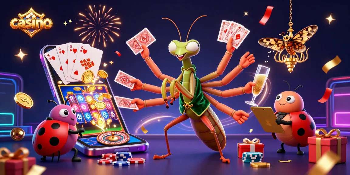 Experience the thrill of a casino with a giant praying mantis card sharp dealing cards and chips amidst vibrant slot game elements.