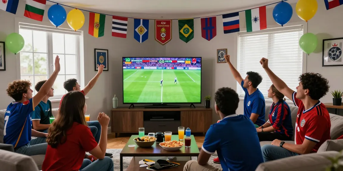 Fans enjoying a live sport match in a vibrant living room, showcasing passion for the game with source المصد.