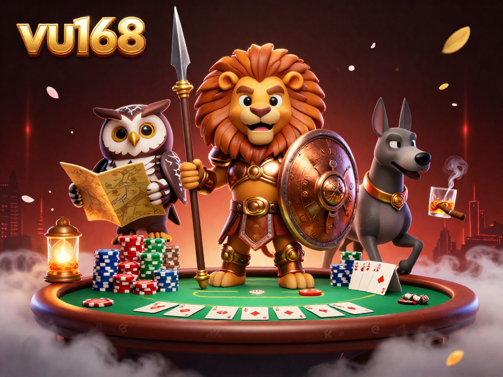Feel the thrill of winning at vu168 with a vibrant scene featuring unique characters in a dynamic casino setting.