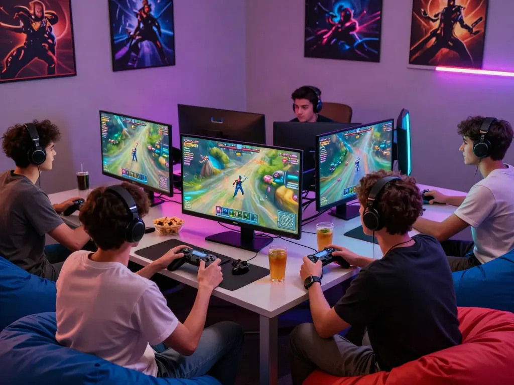 Akunjp gaming friends enjoying an intense multiplayer gaming session in a vibrant, cozy environment.