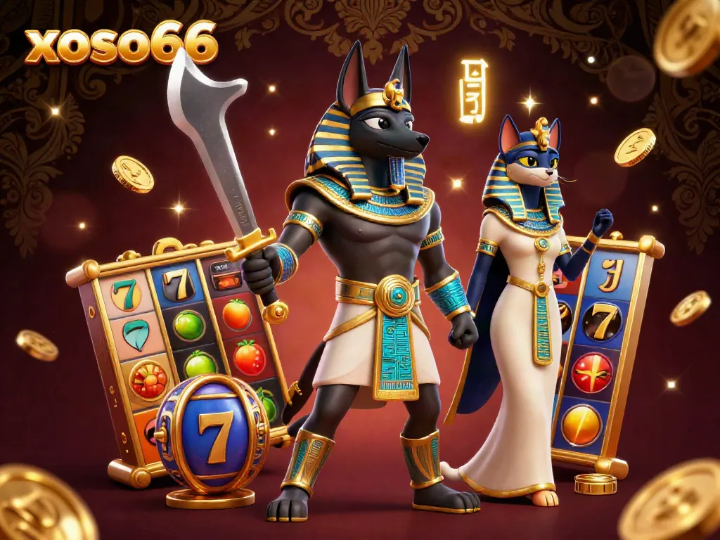 Engage in thrilling gameplay at xoso66 with vibrant slot machines and characters amidst ancient Egyptian elements.