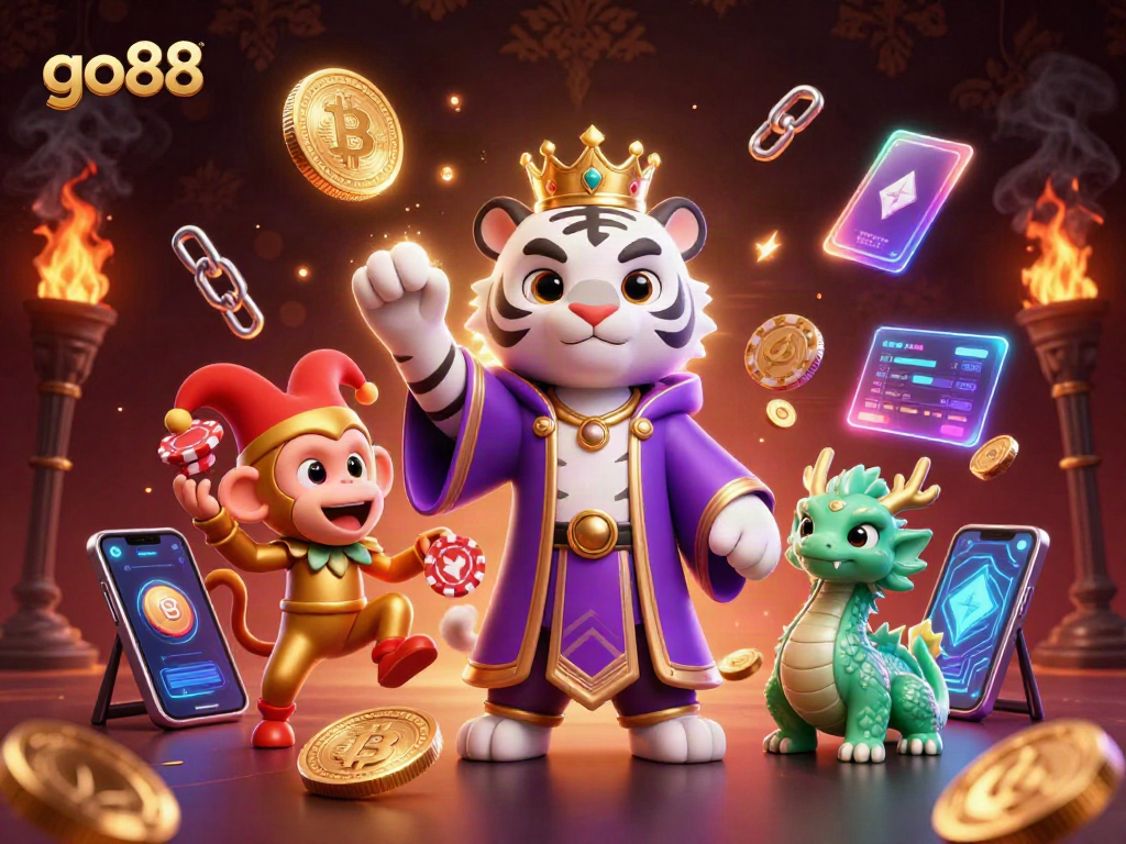 Engage with go88's vibrant casino thrills through a lively 3D illustration featuring captivating characters.