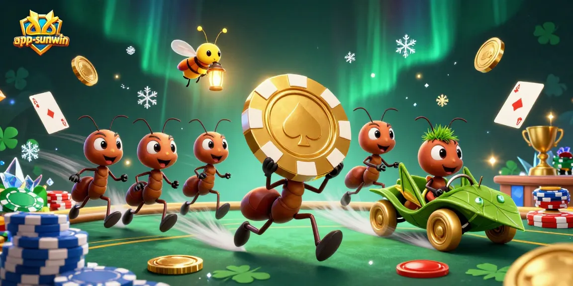 Experience thrilling gameplay at app-sunwin with a dynamic poker heist scene featuring ants and casino elements.