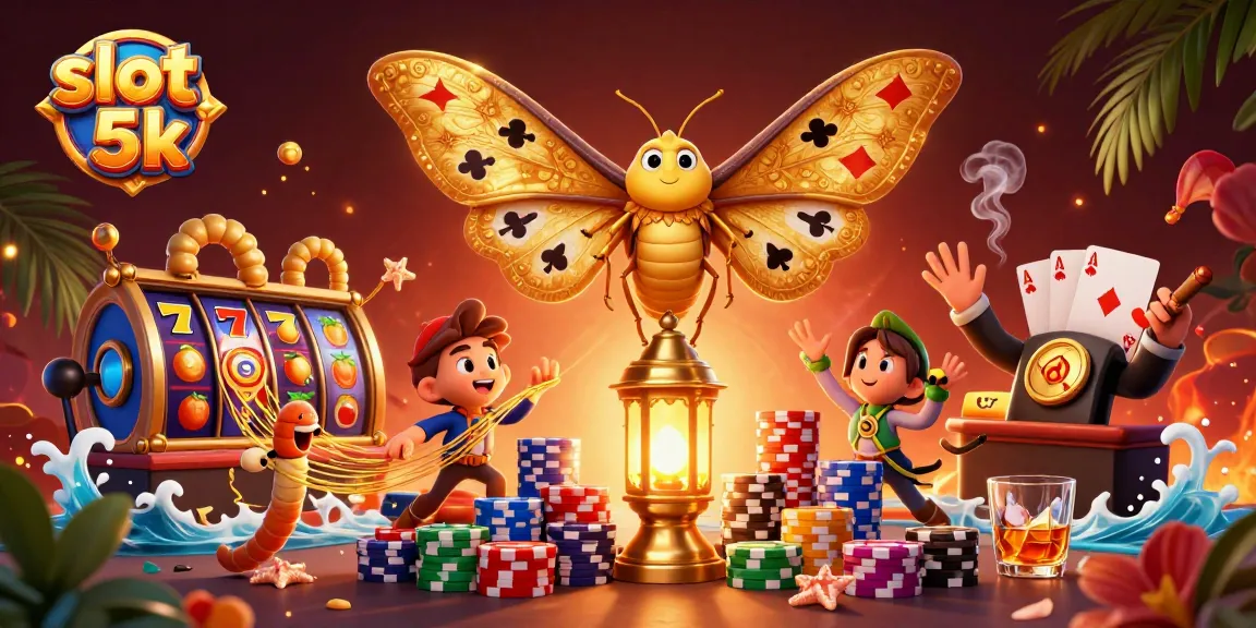 Permainan slot 5k menampilkan kupu-kupu raksasa dengan sayap emas dan simbol jackpot yang memikat.