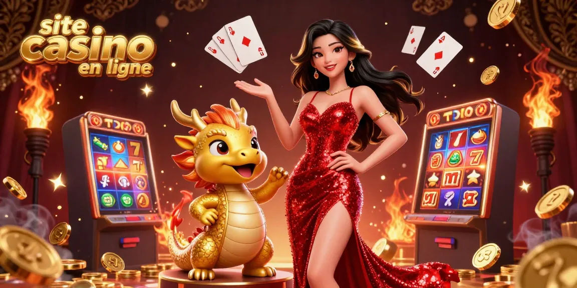 Découvrez l'excitation du site casino en ligne avec une illustration époustouflante mettant en scène une femme glamour et une mascotte dorée.