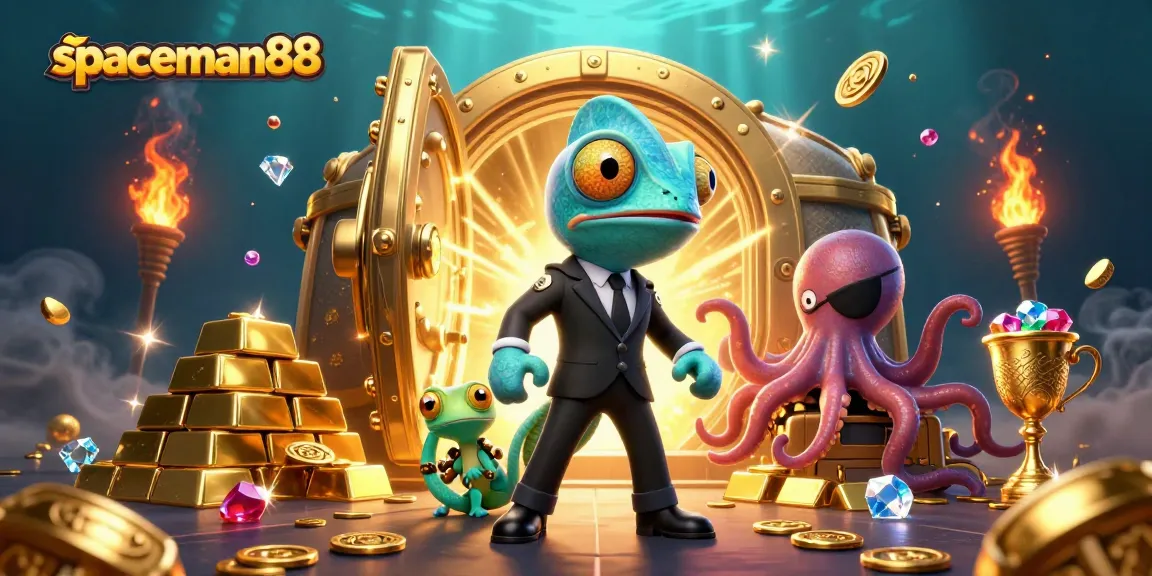 Experience the thrills of spaceman88 with dynamic 3D characters amidst a treasure-filled casino scene.