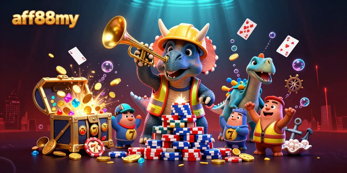 Join the celebration of afb88my with a cartoon triceratops building poker chip pyramids amidst vibrant casino elements.