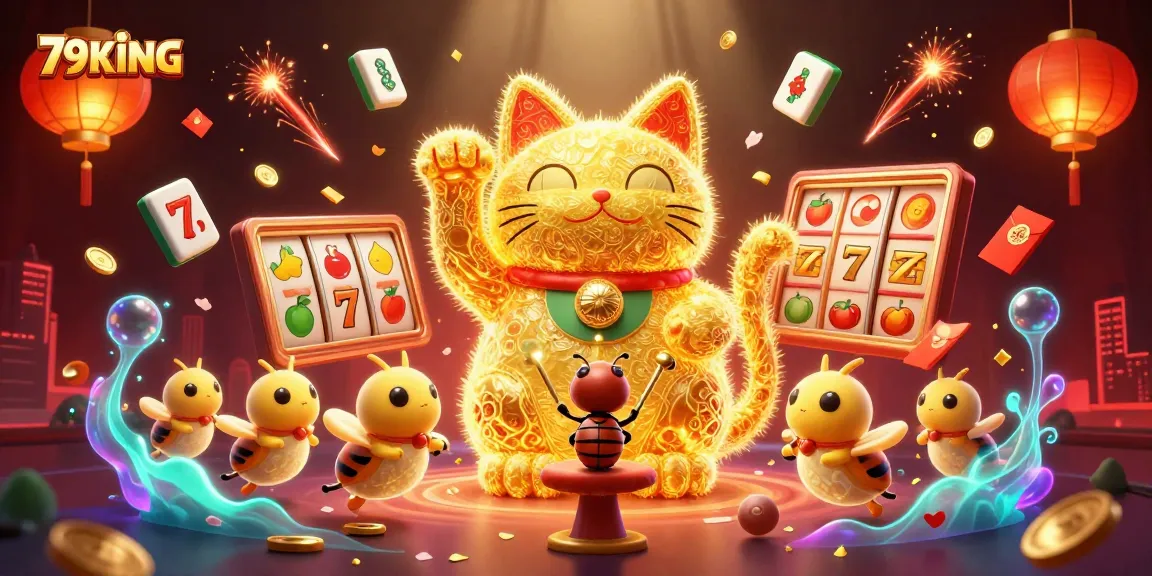 Experience luck and fortune with 79KING, a vibrant 3D scene featuring a lucky cat and slot reels.