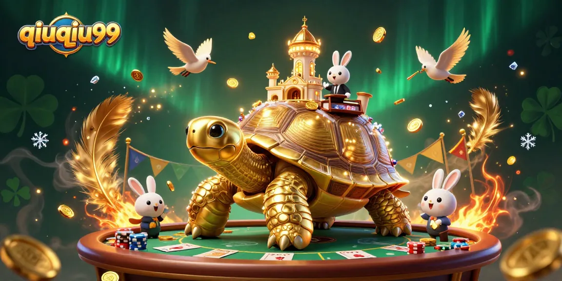 Experience the excitement of qiuqiu99 with a vibrant 3D casino scene featuring a golden tortoise and dealer.