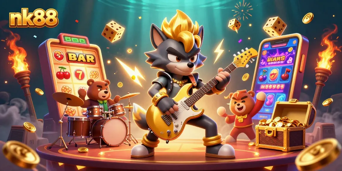 Experience thrilling gameplay on nk88 with a vibrant casino illustration featuring dynamic characters and slot machines.