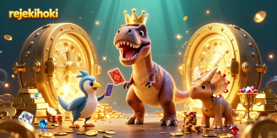 Engage with rejekihoki's thrilling gaming experience featuring a humorous T-Rex and vibrant jackpot elements.