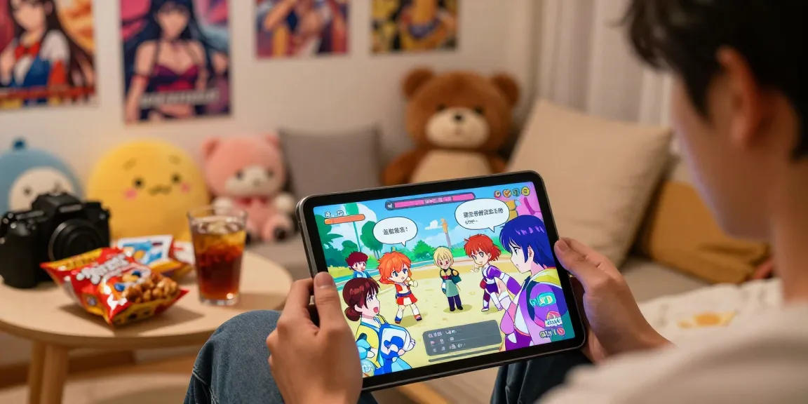 Engaging scene of a player enjoying hentai games on a tablet with vibrant animations and character dialogues
