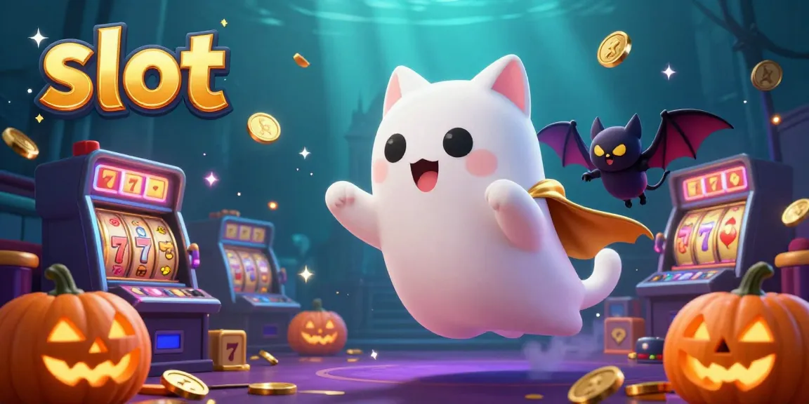 Spin the slot reels with the ghost cat and vampire bat in a vibrant, haunted casino scene.