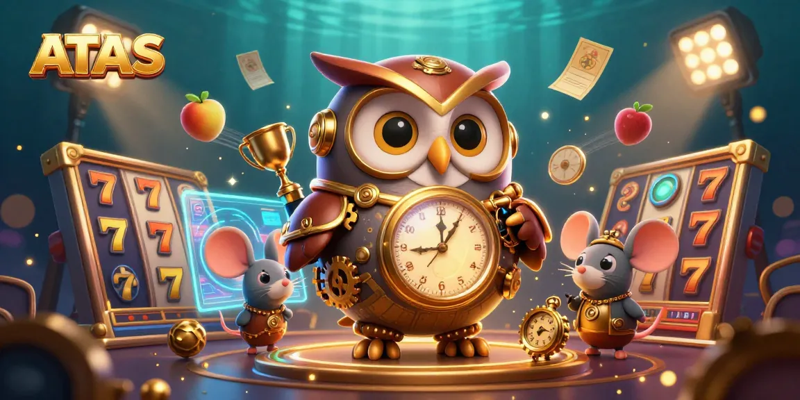 Engage with the ATAS online casino in a lively 3D illustration featuring steampunk characters and vibrant gaming elements.