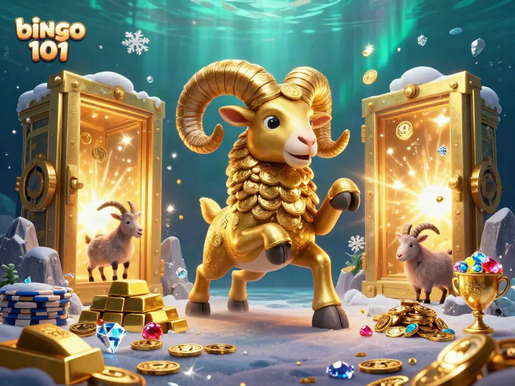 Experience thrilling gameplay with bingo 101 as dynamic golden ram heads towards victory amidst sparkling treasures.