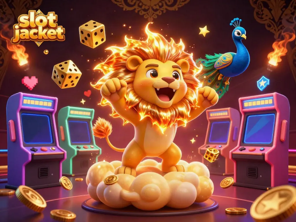 Memenangkan slot jackpot dengan mesin slot penuh warna dan dadu emas berputar di latar belakang.
