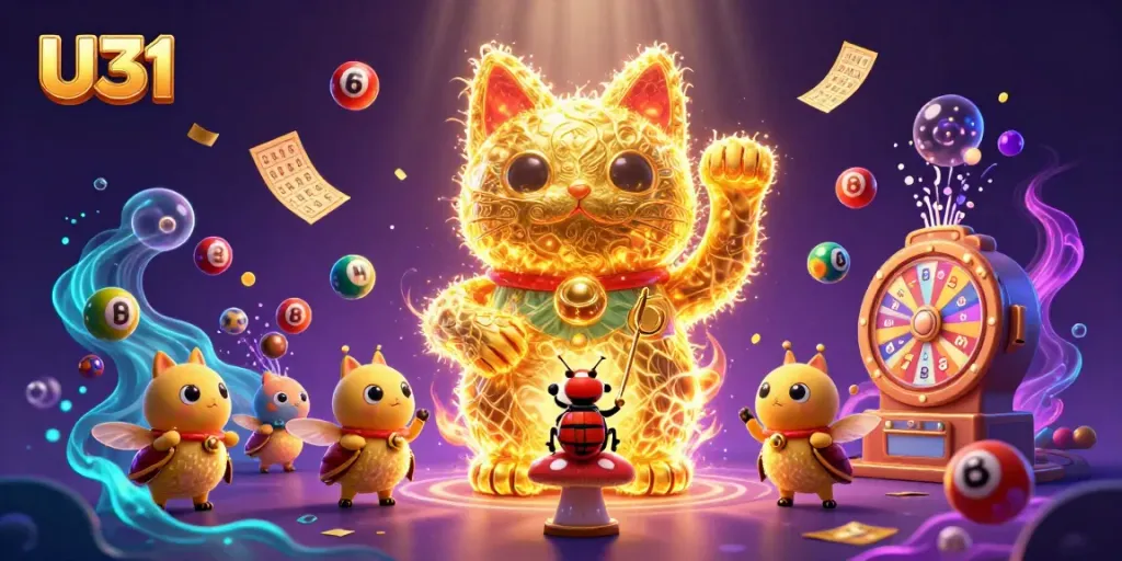 Bettors engage with U31's captivating lucky cat and casino symbols amid vibrant lottery elements.