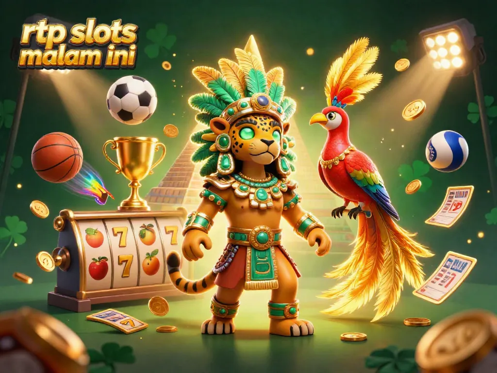 Experience rtp slots malam ini with vibrant 3D elements, including slot reels and sports balls.
