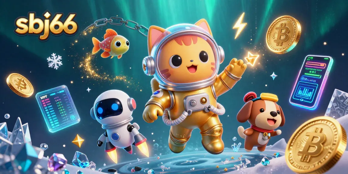 Engage and win at sbj66 with a vibrant 3D casino illustration featuring a space cat and unique elements.