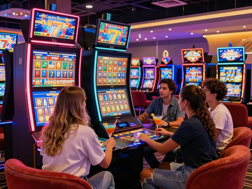 Group enjoying Lucky777 themed slot machine in a vibrant casino.