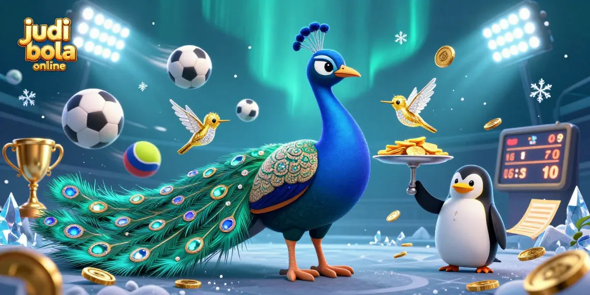 Bet on judi bola online with a vibrant peacock and butler penguin in an exciting sports betting scene.