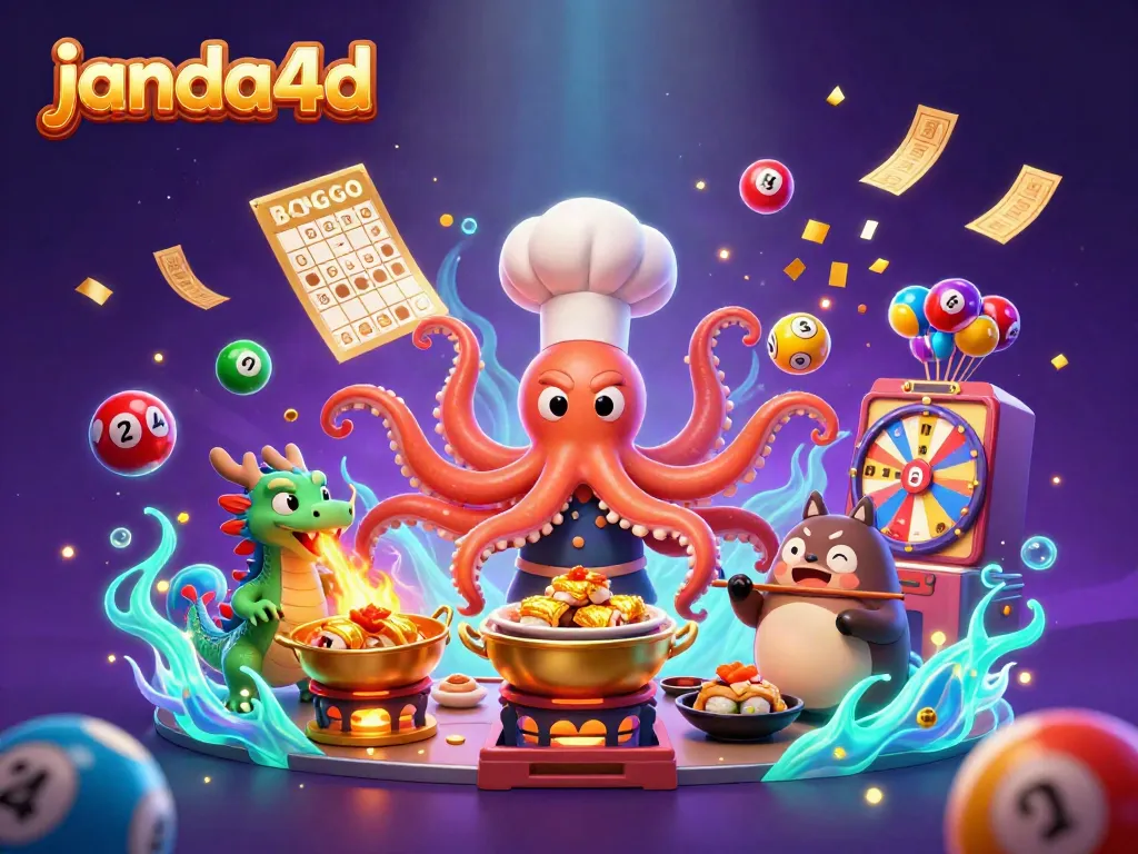 Menangkan hadiah dengan janda4d dalam ilustrasi ceria yang menunjukkan chef sushi cumi-cumi yang memasak!