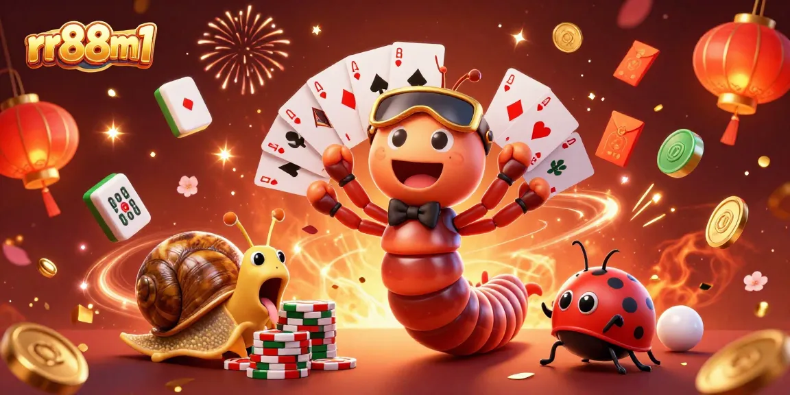 Vibrant rr88m1 casino scene showcasing a millipede dealer, high-roller snail, and joyfully excited pill bug, surrounded by festive gaming elements.