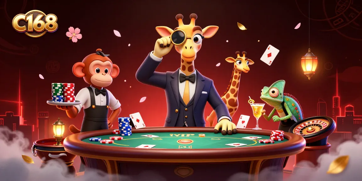 C168 showcases a high-roller giraffe at a vibrant poker table, epitomizing exhilarating casino adventure.