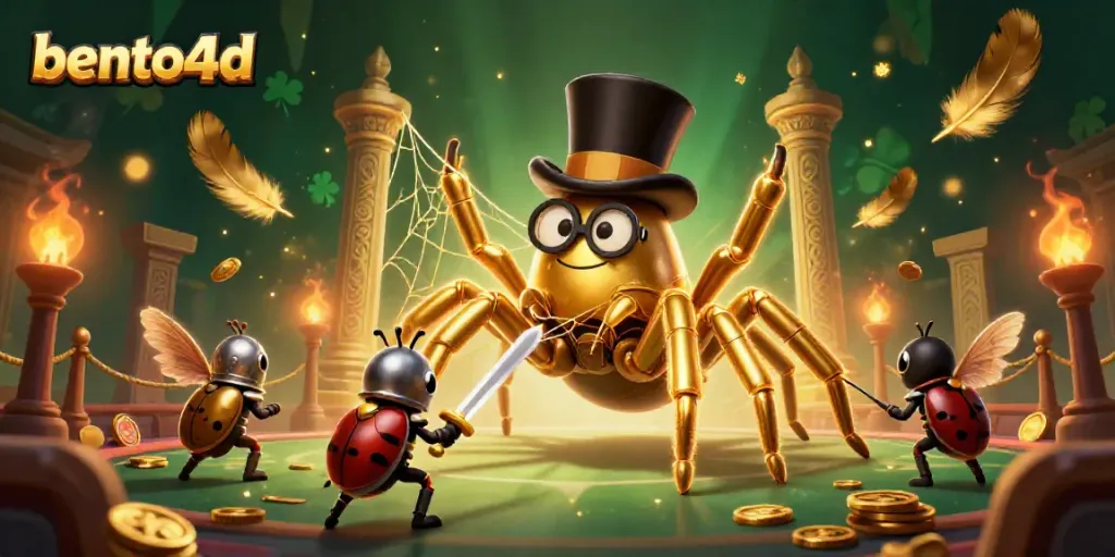 Engage with the adventurous bento4d scene featuring a giant golden tarantula and beetle knight