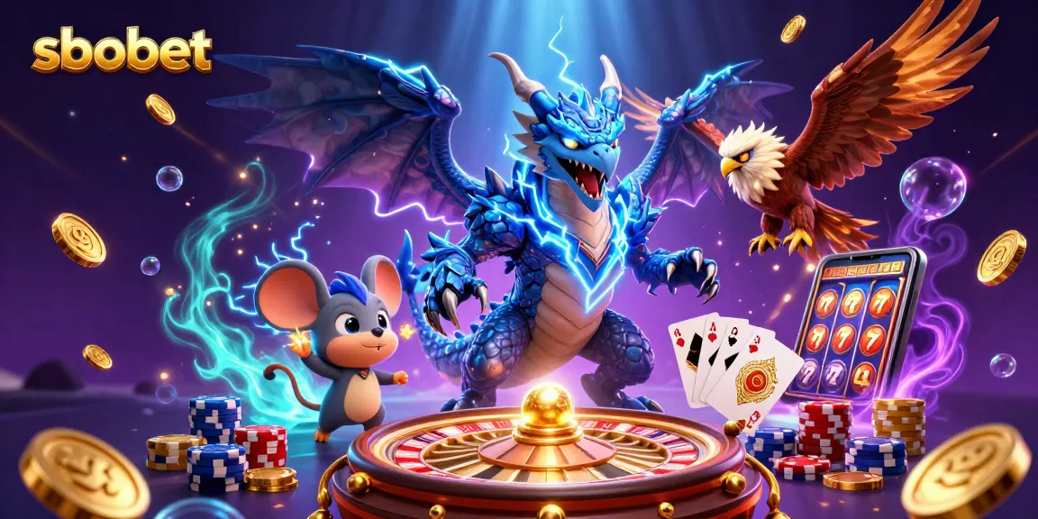Experience thrilling sbobet sports betting with dynamic characters and casino elements in this vibrant illustration.