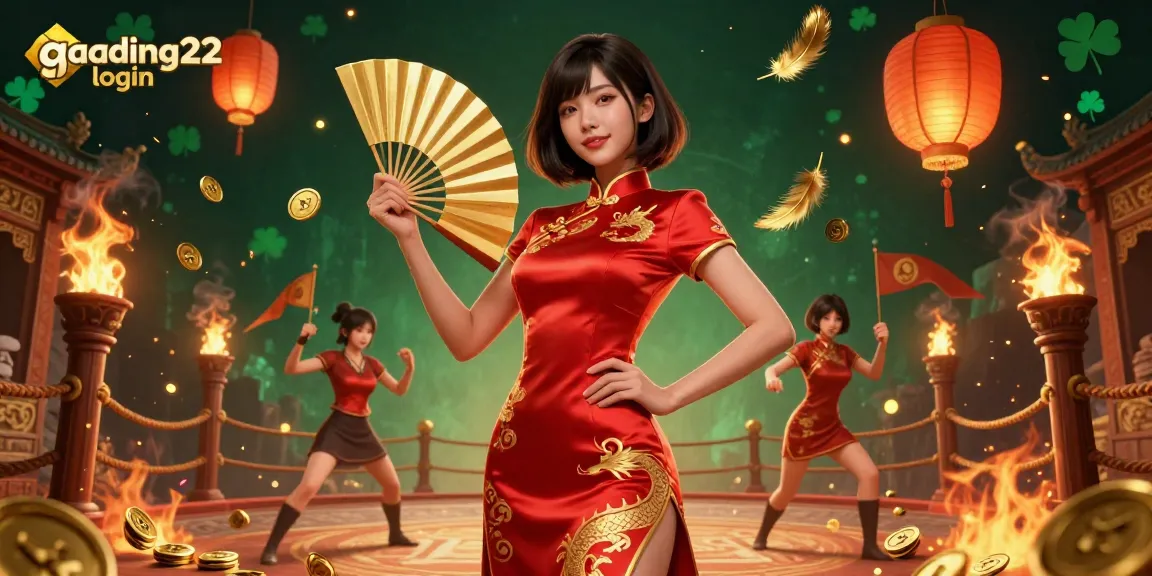 Engage with the vibrant atmosphere of gading22 login featuring a stunning woman in a crimson qipao amidst colorful casino elements.