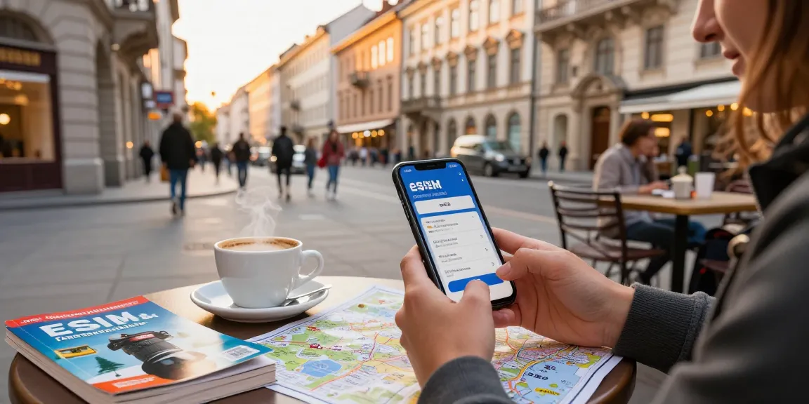 Explore eSIM promo code deals in a lively European café setting.