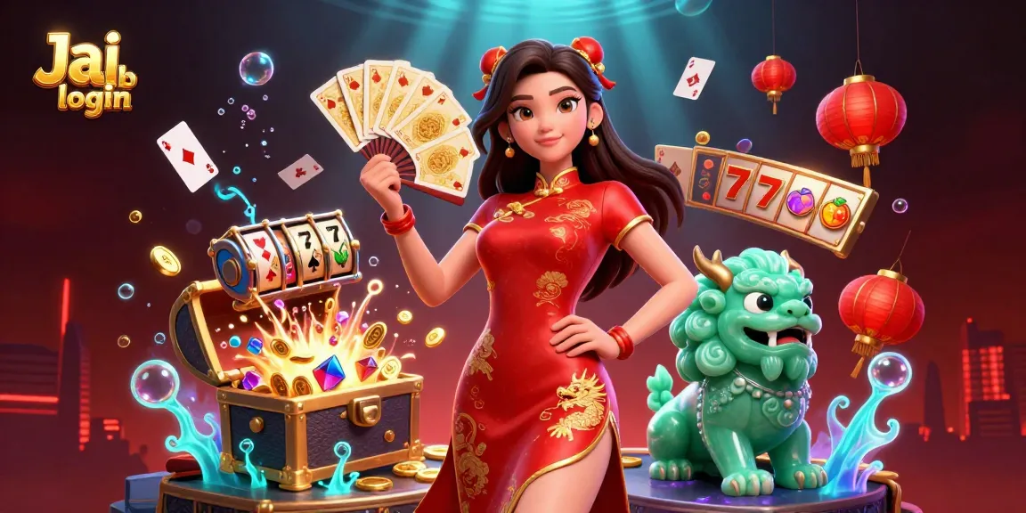 Experience Jai club login with a striking scene featuring a woman in qipao and casino elements like slot reels.