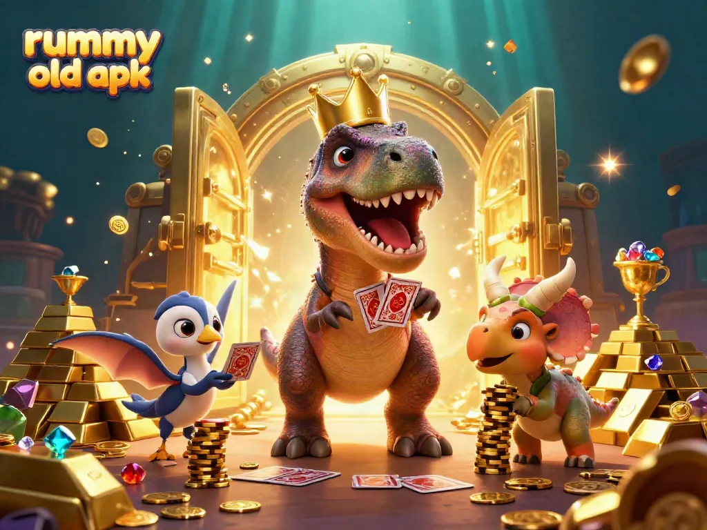 Menggambarkan pengalaman bermain rummy old apk dengan karakter kartun 3D yang lucu, tumpukan chip emas, dan efek kilau yang menakjubkan.