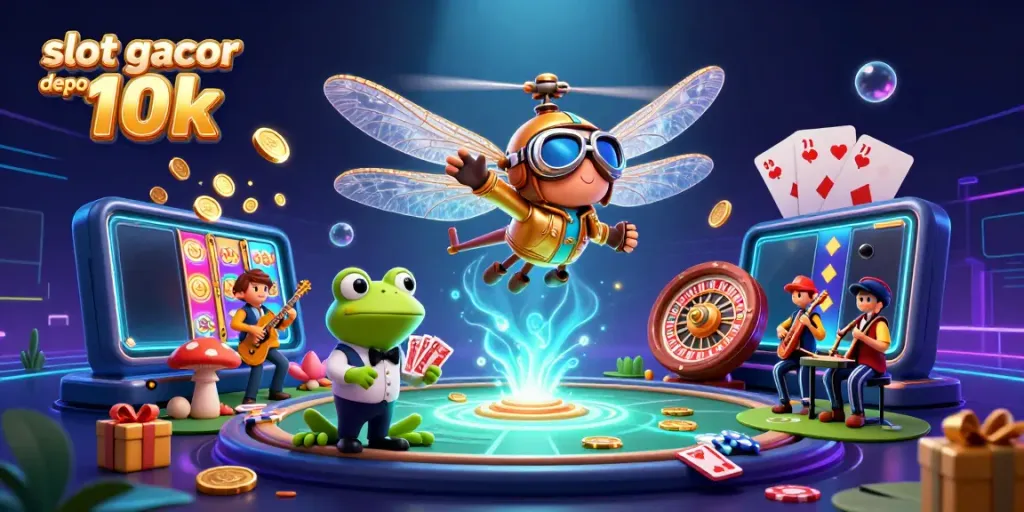 Permainan slot gacor depo 10k dengan ilustrasi fantastis pesawat helikopter dan dealer kartu.