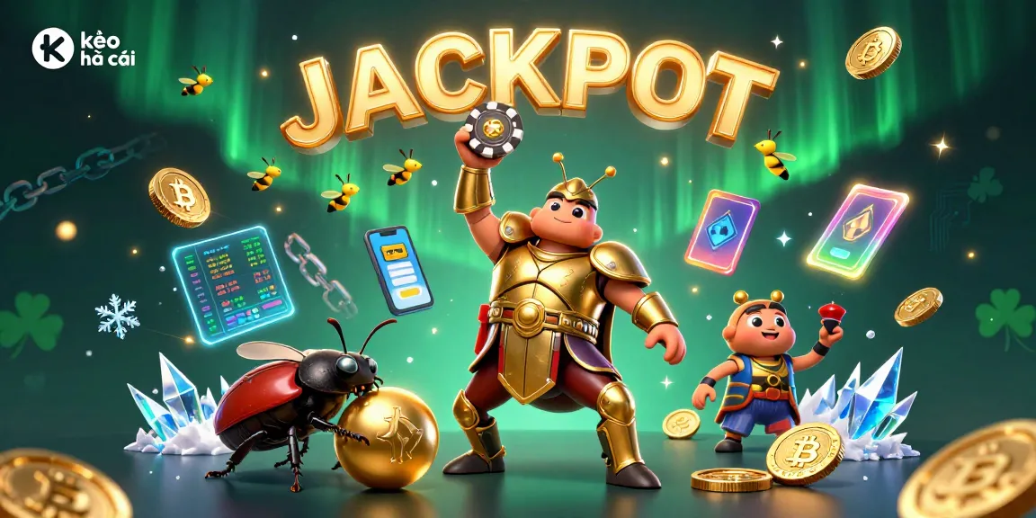 Engage in kèo nhà cái excitement with a victorious beetle lifting a poker chip amidst crypto-themed graphics.
