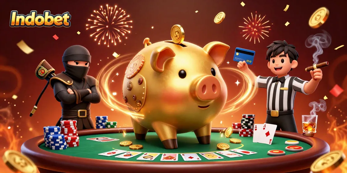 Indobet memberikan pengalaman bertaruh dengan banker piggy bank dan ninja di meja poker.