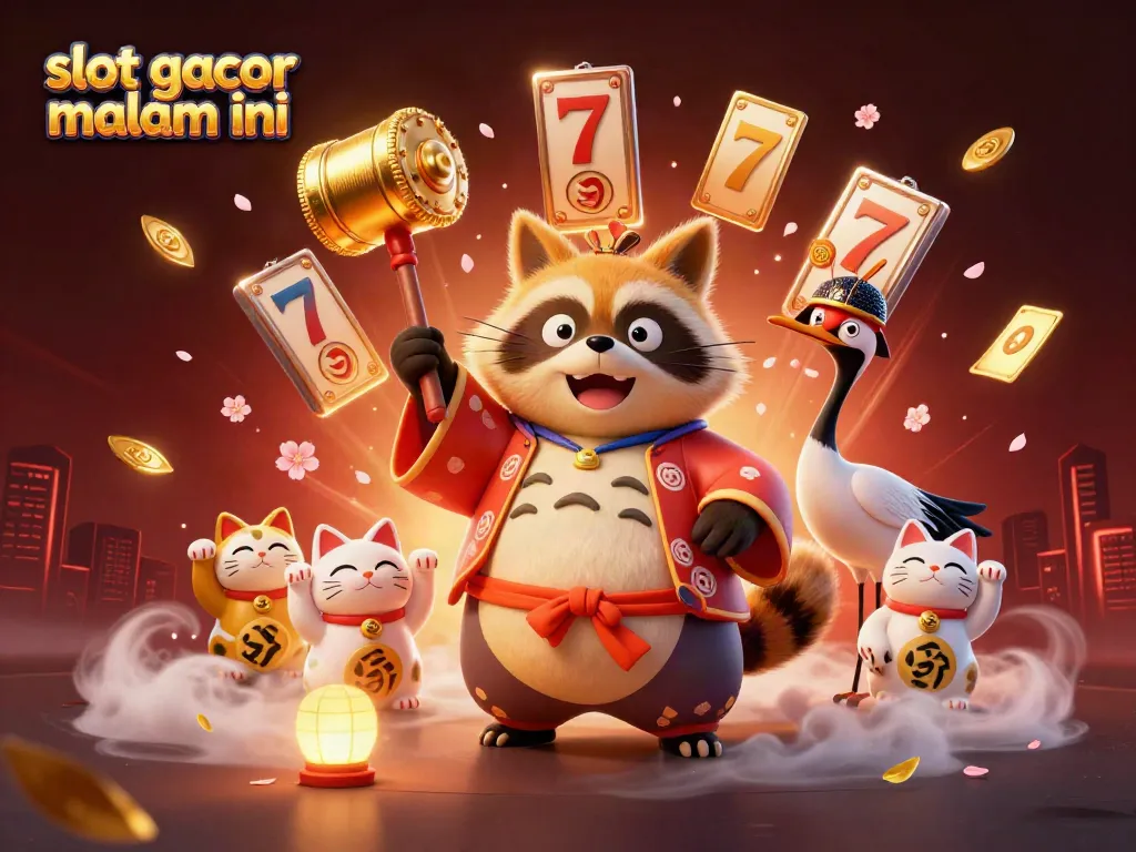 Mainkan slot gacor malam ini dengan tanuki beruntung dan karakter keberuntungan, meriah dan penuh gaya.