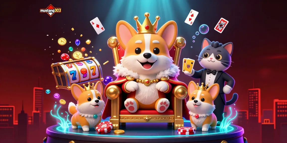 Mustang303 features playful 3D characters in a vibrant casino scene with slot machines and dynamic treasures.