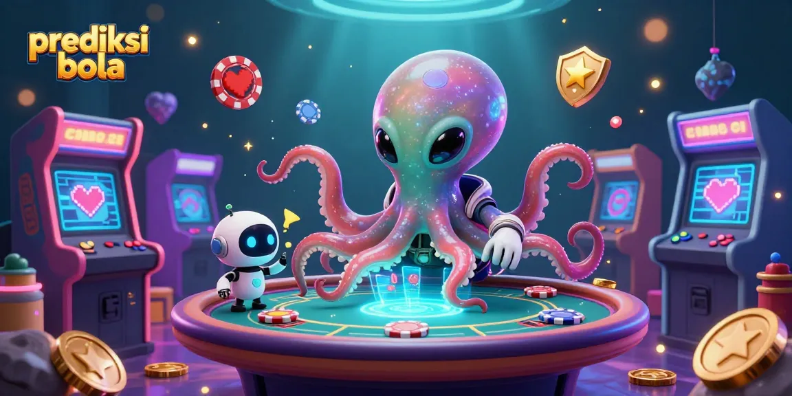 Experience thrilling prediksi bola action with an excited alien octopus and robot at a cosmic gambling table.