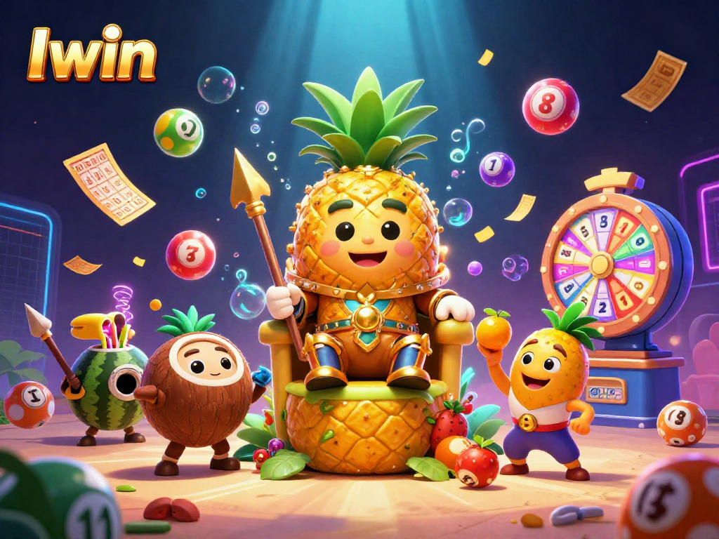 Iwin showcases an energetic beach casino scene featuring a golden pineapple king and vibrant lottery elements.