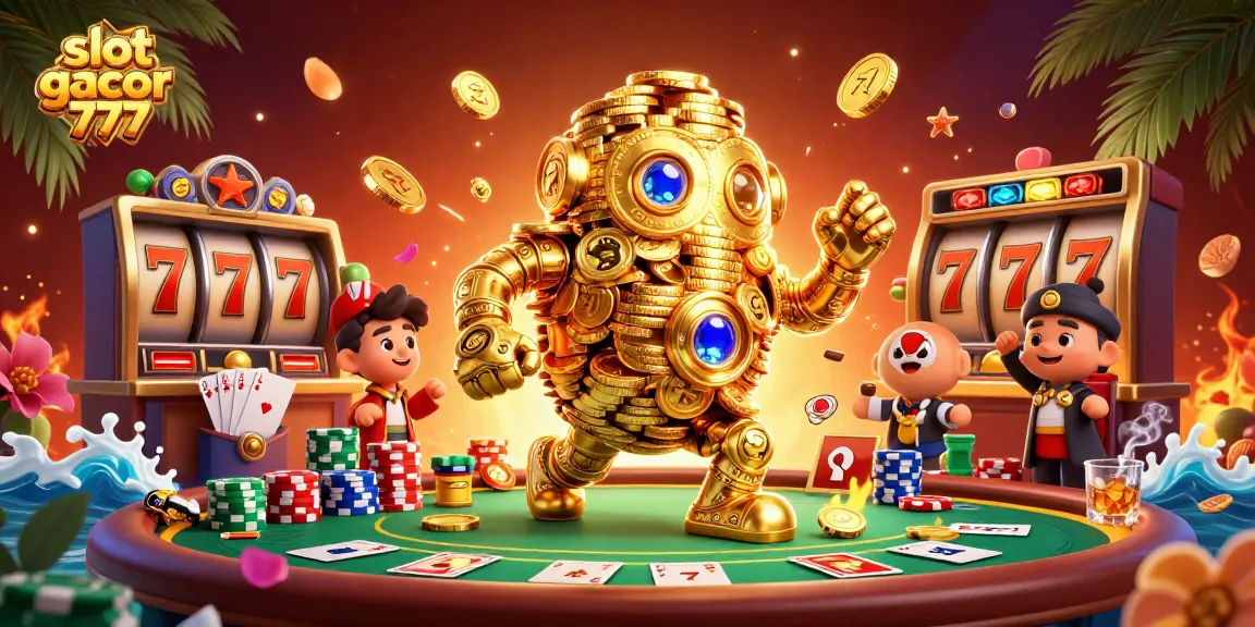 Play slot gacor 777 with stunning visuals featuring a golden golem surrounded by vibrant casino elements.