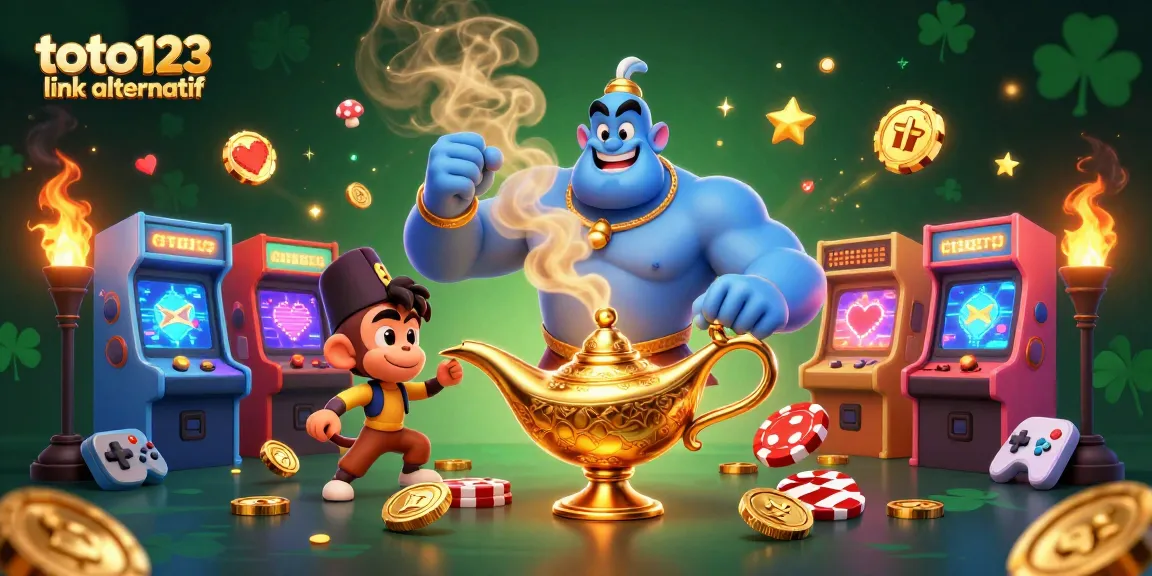 Experience the exciting toto123 link alternatif platform with a vibrant casino scene featuring a muscular genie, magical elements, and colorful arcade games.