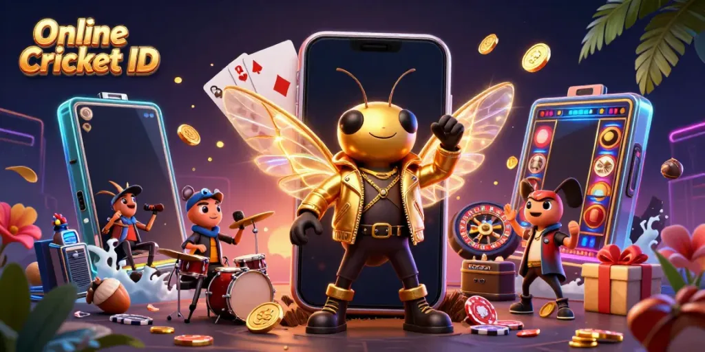Online Cricket ID scene featuring a rock star cicada, beetle drummer, and vibrant gaming elements